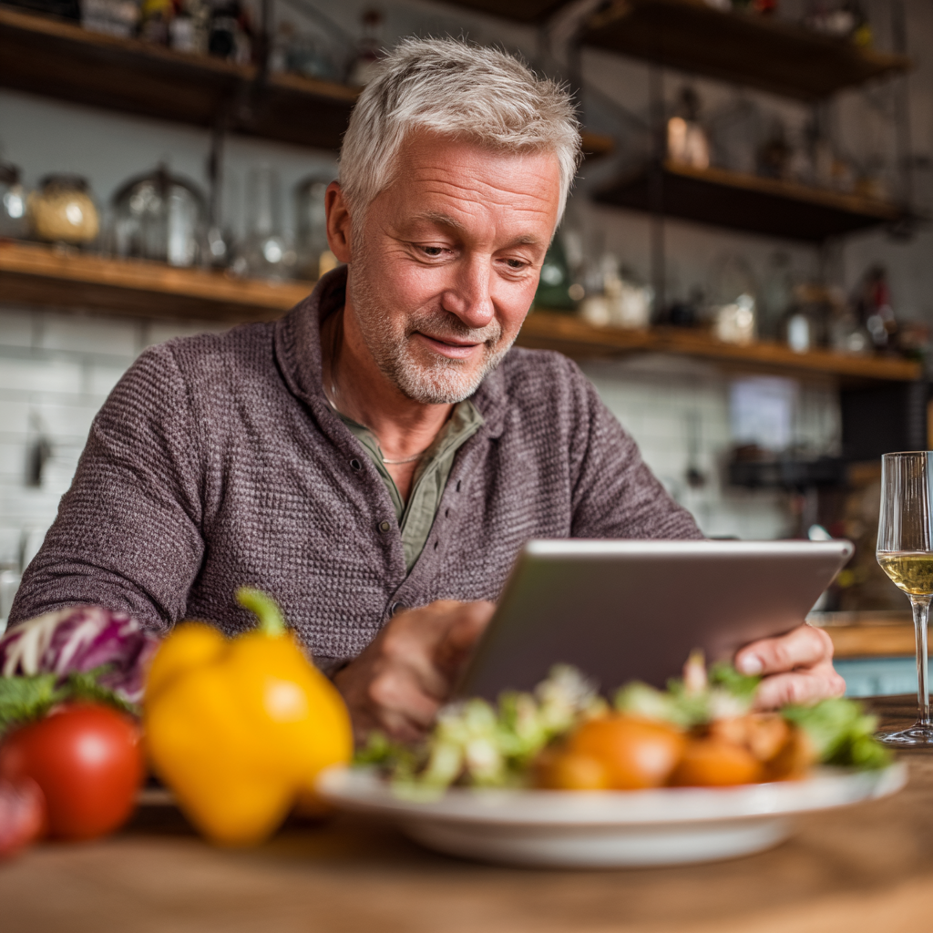 Чоловік 55 років обирає цілі харчування на планшеті
