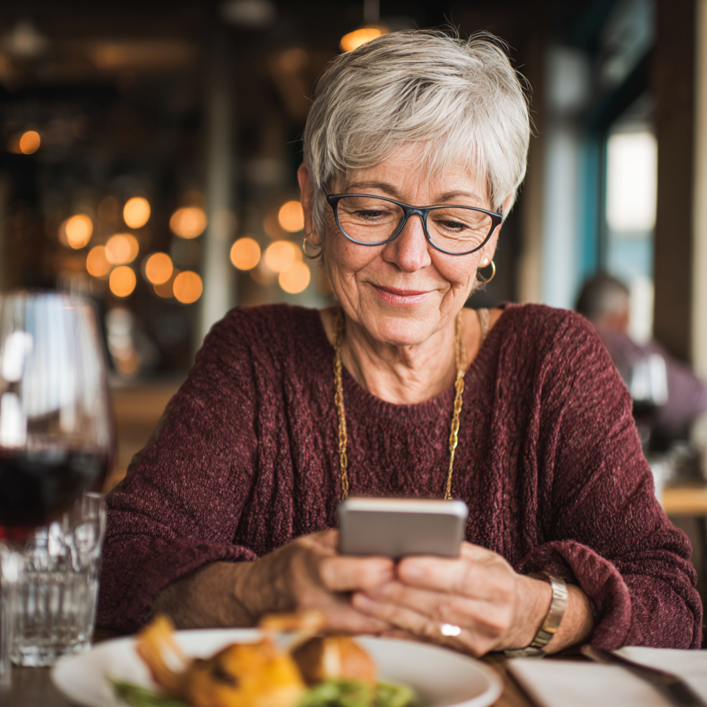 Жінка 60 років переглядає персоналізоване меню на смартфоні